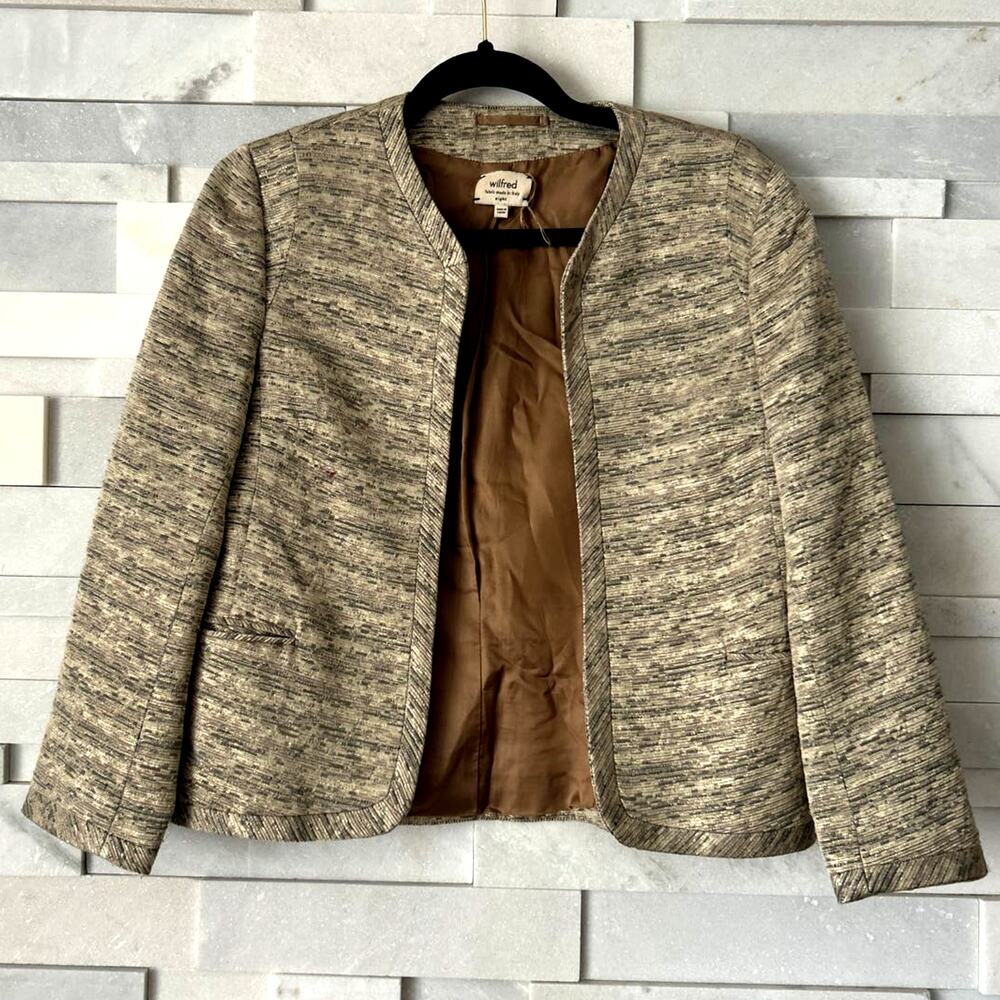 ARITZIA WILFRED Exquis Beige Black Gold Metallic Cropped Cupro Blazer Jacket 8